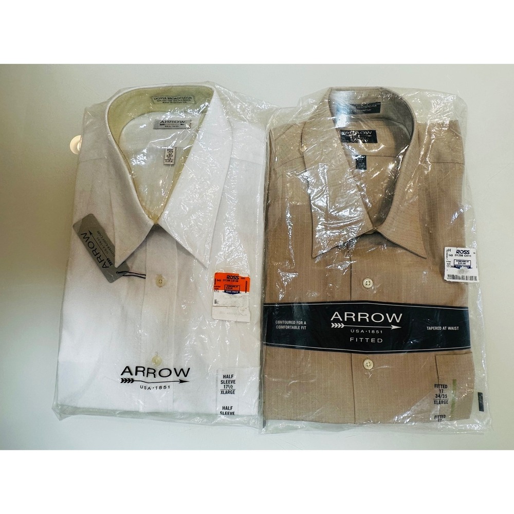 Lot of 2 Arrow USA 1851 Dress Shirts Mens XL White Short Sleeve Tan Long Sleeve